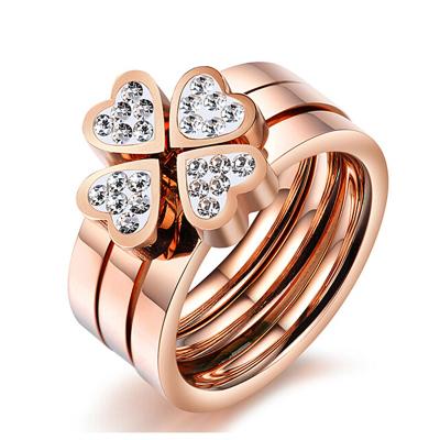 China High Quality Heart Romantic Rose Gold Crystal Three Stainless Steel Ring Set For Women for sale