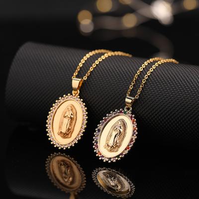 China Religious Fashion Copper Color CZ Iced Out Jewelry Pendant Female Virgin Mary Necklace for sale