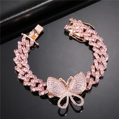 China Hiphop 12MM CZ iced out blingbling bracelet hip hop bracelet pink butterfly bracelet for sale