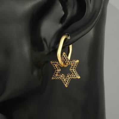 China Fashion ladies cute CZ accessories iced out five treble star earrings six treble star double ring lock earrings for sale