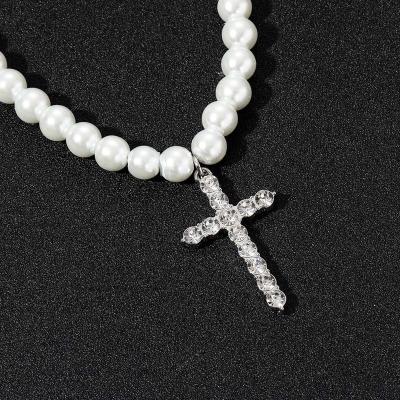 China Hiphop Pearl Necklace 8-10mm Pearl Necklace Hip Hop Cross Pendant Necklace for sale