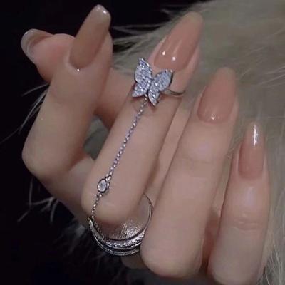 China New Romantic Butterfly Tassel Finger Ring Women Super Flash Diamond Nail Ring for sale