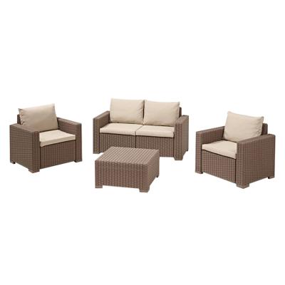 China Durable / Waterproof Leisure Combination 4 Piece Patio Deck Set Brown Rattan Sofa Outdoor Furniture Garden Sofa Table and Chairs for sale