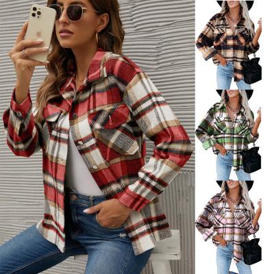 China Anti-wrinkle 2021 autumn and winter new ladies plaid shirt wool fabric breasted women's coats for sale