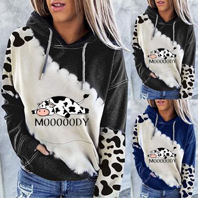 China 2121 new hot sale Anti-wrinkle style cow letter printing women's casual hooded sweater women's long sleeve sweater for sale