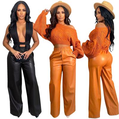 China Anti-wrinkle Women Clothing 2021 Autumn And Winter New Fashion Solid Color Faux Leather Wide Leg Pants for sale