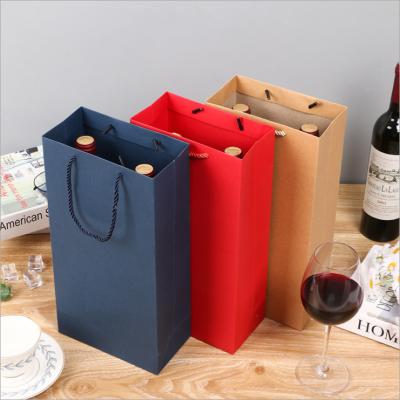 China Custom Recyclable Strong Wholesale Cheap Logo 2 Bottle Red Wine Kraft Paper Carrier Gift Paper Bag Wine Packaging Printing Your Own Logo for sale