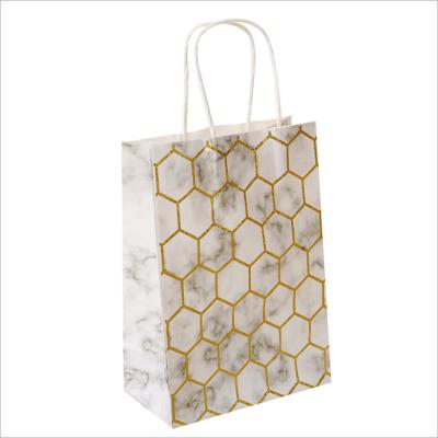 China Recycled Materials Selling Best Custom Printed Hanukkah Carry Eco-friendly White Marbling Gold Stamping Paper Kraft Bag For Cafe Brand Food for sale