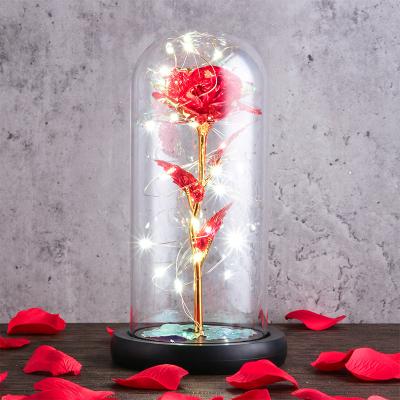 China Artificial Decoration Valentine's Day Gifts Enchanted Rose Gold Foil Rose Led Lamp 24k in Glass Dome Decorative Flowers with Lights for sale