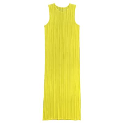 China Miyake Anti-Static Pleated Dress Plus Size Women's Sleeveless Round Neck Casual Dresses Solid Color Dress for sale