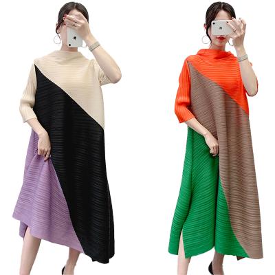 China Sustainably Hot Selling Miyake Autumn Pleats Multicolor Half Sleeve Pleated Dress Plus Size Dress For Woman for sale