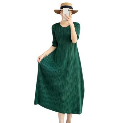 China Viable Miyake Pleats Solid Color Woman Dress Casual Pleated Swing Plus Size Dress For Woman for sale