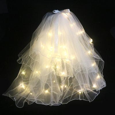 China Sustainable Led Luminous Veil Length 80cm Light Up Wire Glowing Fairy Ribbon Bow Veil With String Lights For Party Wedding Bride for sale