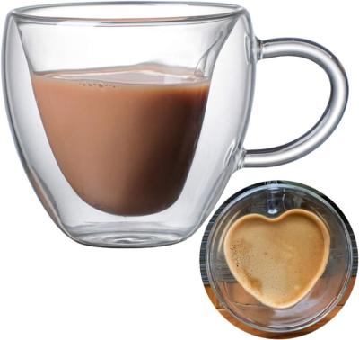 China Viable Insulated Tea Drinks 8oz Ice Coffee Clear Borosilicate Glass Cup Heart Shaped Tea Cups With Handle for sale