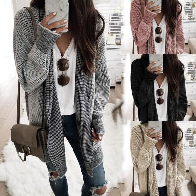 China Anti-Shrink 2022 New Spring Autumn Loose Apricot Plaid Knitted Long Open Front Cardigan Women Sweater for sale