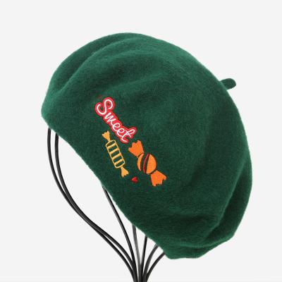 China 2022 eco-friendly baby's new beret green custom embroidered logo 100% wool children beret for sale