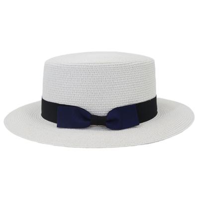 China Personalized Eco-friendly Logo Bowknot Flat Surface Paper Straw Sun Protection Summer Beach White Hat for sale