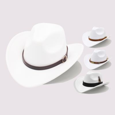 China Personalized Eco-Friendly Western Outdoor Adult Leather Band Wide Brim Felt White Cowboy Hats for sale