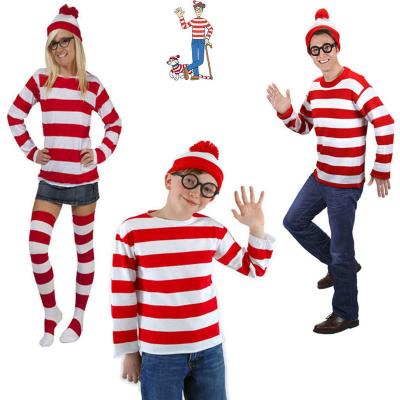 China Polyester Shirt +Hat +Glasses Christmas Party Cosplay Cartoon Where's Wally Waldo Kids Cosplay Costume Red Stripe For Adult Women Men for sale