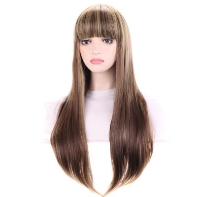 China Original Pure Natural Hair Long Straight Brown Wig For Women Wigs Highlights Synthetic Hair 26