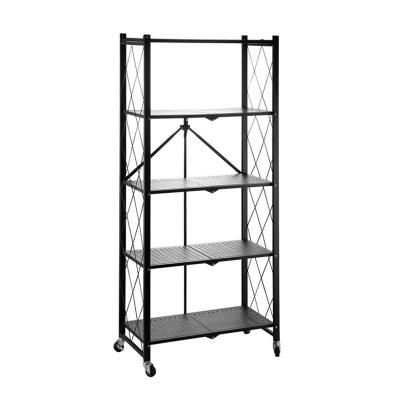 China Easy Folding Mobile Storage Shelf Wheel Metal 5 Layers Rack Equipped Storage For Microwave Oven Kitchen Items for sale