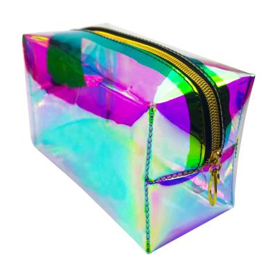 China Waterproof Clear Iridescent Clear Hologram Rectangle PVC Makeup Pouch Holographic Cosmetic Bag for sale