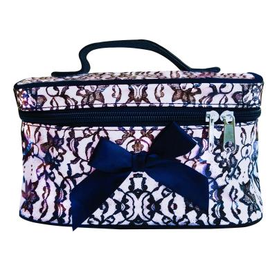 China Custom Made Fashion Train Case PVC Black Lace Cosmetic Makeup Bag Durable And Waterproof With Bow for sale