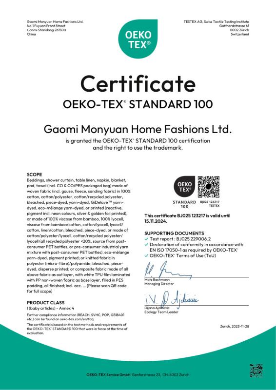 OEKO-TEX STANDARD 100 - Gaomi Monyuan Home Fashions Ltd.