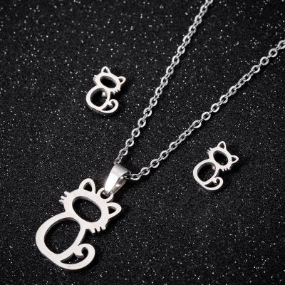 China 2021 Casual/Sporty Stainless Steel Necklace Earrings Set Wholesale Fashion 18k Gold Plated Cat Design Children Girl Women Animal Jewelry Set for sale