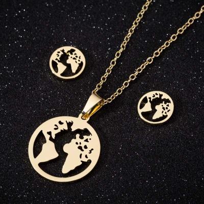 China World Map Casual/Sporty Charm Stainless Steel Pendant Necklaces Women Ornament Gift Travel Planet Earth Stud Necklace Jewelry Set Wholesale for sale