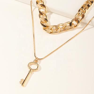 China Hip Hop Jewelry Punk Jewelry CLASSIC Clavicle Necklace Double-Layer Key Geometric Thick Chain Pendant Necklace for sale