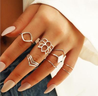 China Fashion Silver Color CLASSIC Wholesale Simple Rings 8 Piece Set For Women Geometric Lotus Ring Jewelry for sale