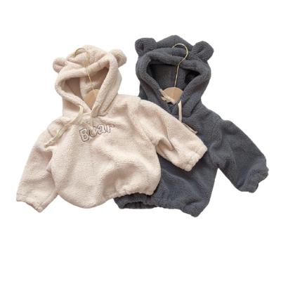 China Hooded baby anti-pilling letter furry sweater with embroidered ears Gray Sweater Baby Girl Winter for sale