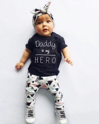 China Casual Summer Newborn Infant Baby Clothes Daddy Is My Hero Short Sleeve T-shirt Tops+pants+headband Toddler Outfits Set 5 Casual Sets for sale