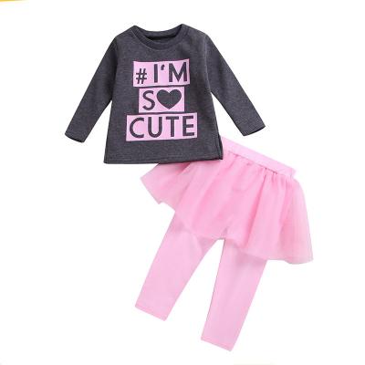 China Breathable Eco-Friendly Baby Clothes Baby Girl Spring And Autumn 2-6 Years Old Gray Printed Letters Long-Sleeved Shirt + Tight Two-piece Lace Panties for sale