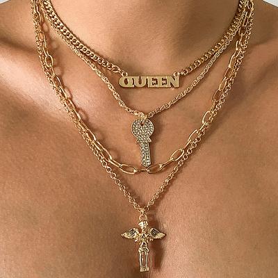 China Crossed personality necklace women full diamond key tassel portrait FASHIONABLE costume necklace for sale