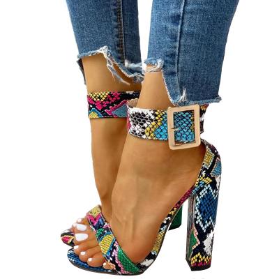 China 2022 European and American fashion retro new thick heel colorful snake printing high heel sandals trend for sale