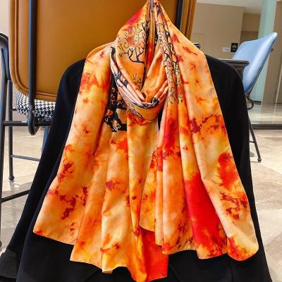 China Smooth Gently Judge All Season New Long Woman Sun Protection Summer Birch Forest Silk Brocade Scarf Beach Towel Beach Halo Dyed Wholesale for sale