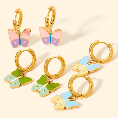 China FASHIONABLE Popular Colorful Drip Oil Gold Plated Stainless Steel Circle Butterfly Earring for sale