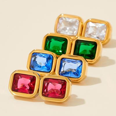 China Trendy Jewelry Fashion Waterproof Women 4 Colors Bling Stainless Steel Square Cubic Zircon Stud Earrings For Women for sale