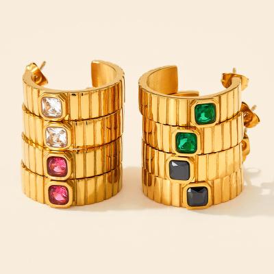 China TRENDY Chunky Square Zircon Inlaid Hoop Earrings Stud 18k Gold Plated Stainless Steel Statement Circle Earring for sale