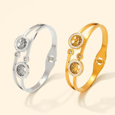 China TRENDY CZ Zircon Tree Of Life Bangle Stainless Steel Jewelry Wholesale Supplier 18k Pvd Zircon Plated Gold Crystal Bangle for sale