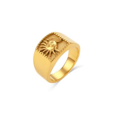 China Vintage Chunky Square Engraved Sun Face Figures Stainless Steel Gold Plated Design Jewelry for sale