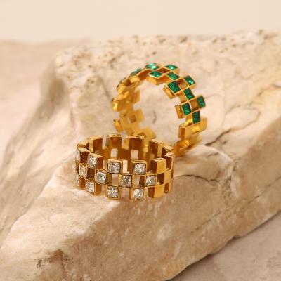 China Vintage Trendy 18k Gold Plated Stainless Steel Jewelry Wide Green White Zircon Hollow Rings For Women for sale