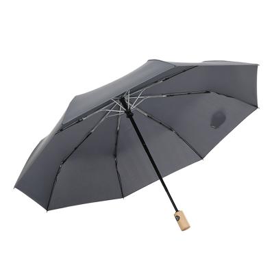 China Vintage Wooden Handle 3 Folding Auto Folding Travel Umbrella Automatic Open Narrow Windproof Umbrella for sale