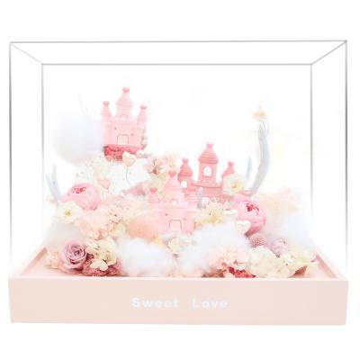 China Girly Rose In Acrylic Box Immortal Pink Castle Home Decoration Preserved Shape Preserved Flower For Girlfriend Birthday Gifts Dry Flowers for sale