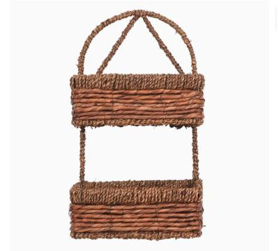 China Europe Hand - Woven Vegetable Plankton 14-Inch Wall Hanging 2-Tier Storage Basket Brown for sale