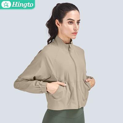 China Hingto Breathable Sports Use Long Sleeve UPF 50+ Sun Protection Women Workout Yoga Gym Running Track Zipper Up Cropped Jackets for sale