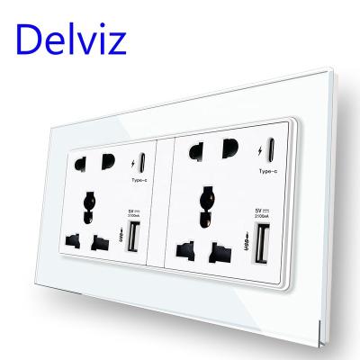 China Delviz 5V 2A Residential/General Purpose USB Port, 146*86mm Crystal Glass Panel, Universal 13A Dual Power Socket, 18W Type C Smart Fast Charging Wall Outlet for sale