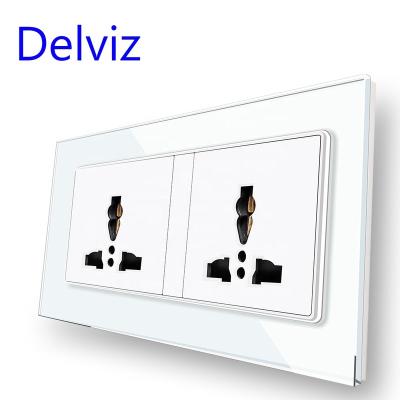 China Delviz Residential/General Purpose Tempered Glass Panel, AC 110V~250V, 146mm*86mm Dual Socket Jacks Electric Power Outlet, Wall Embedded Universal 16A Outlet for sale